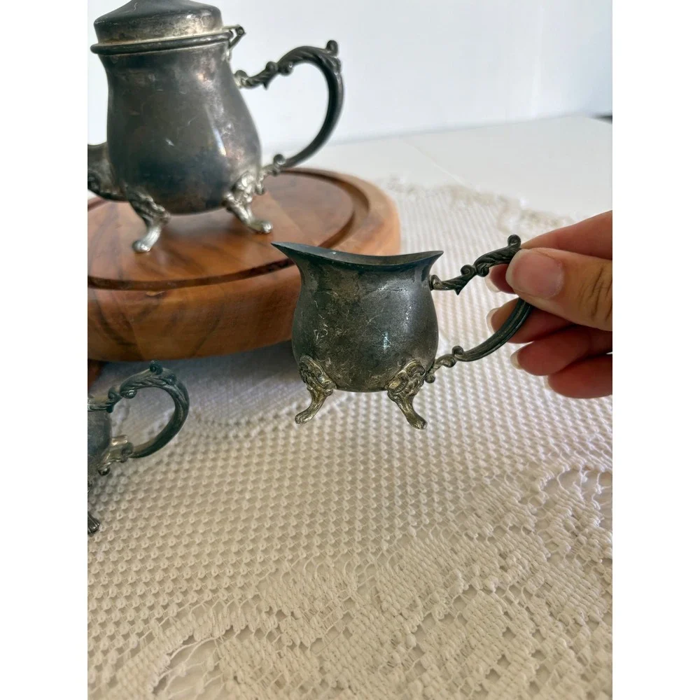 Vintage Miniature Silver Plated Tea Set Teapot Sugar Creamer 3pc Footed Ornate